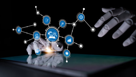This image depicts a futuristic scene showcasing artificial intelligence and digital communication,...
