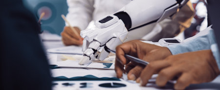A futuristic robot arm assists professionals in analyzing business reports and data in a modern...