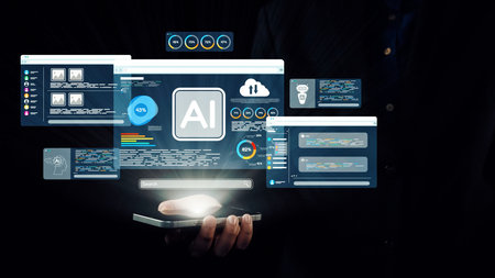 A modern digital scene illustrating artificial intelligence with interactive graphical elements and...