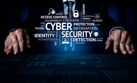 A business professional hands rest on a table filled with cyber security concepts, highlighting the...