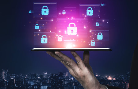 Concept of cybersecurity and a secure network. Multiple layers of data encryption and firewall protection in browsers ensure online privacy and safety from cyber threats.の写真素材