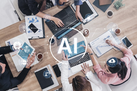 A concept of a multifunctional AI platform. This central intelligence hub powers various business operations, including automation, security, data analysis, and innovation.の写真素材