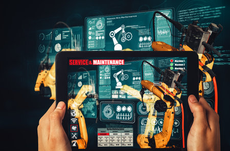 Engineer controls robotic arms by augmented reality industry technology application software. Smart...
