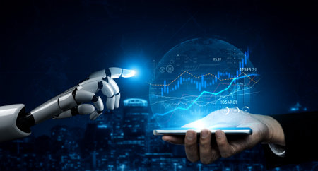 A robotic hand interacts with a smartphone showcasing financial data and charts, symbolizing the...