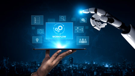 AI streamlines business workflows by automating repetitive tasks, enhancing team coordination, and optimizing structured processes for greater operational efficiencyの写真素材