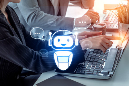 AI chatbot virtual assistant interacting with users through AI conversation bubbles, symbolizing AI...