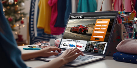 car rental website on computer screen for tourist to rent a car for transportation briskの素材