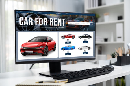 car rental website on computer screen for tourist to rent a car for transportation briskの素材