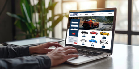 car rental website on computer screen for tourist to rent a car for transportation briskの素材