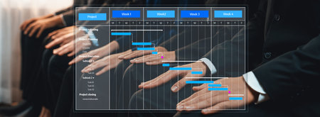 Asian job applicant waiting in line with good manners hand gesture and identical black formal wear for job interview. Modern and professional job seeker concept.の写真素材