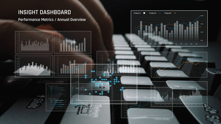 Business data analysis dashboard showing charts, statistics, and performance metrics for...