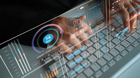 Smart home dashboard manages IoT system. Smart home dashboard controls temperature, dashboard tracks...