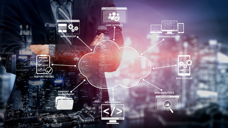 Cloud computing, cloud strategy, and cloud technology transforming digital infrastructure with...