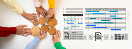 Engaging teamwork scene showcasing diverse hands working on project planning, featuring task lists...