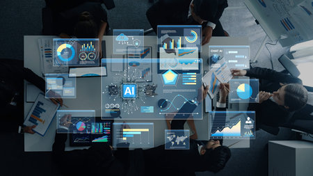 Group of business professionals engaged in collaboration on artificial intelligence project,...