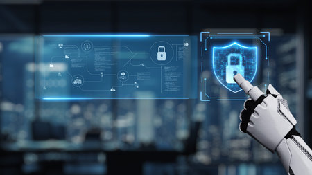 A robotic hand interacts with a glowing digital shield icon, showcasing advanced security...