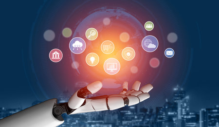 AI assists in organizing and visualizing a digital ecosystem of business icons to represent key...