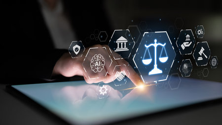 Futuristic digital law interface displaying justice scale, highlighting digital law, AI compliance,...
