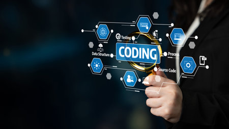 Visual representation of a person analyzing coding and data structures with a magnifying glass,...