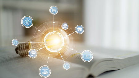This image represents the concept of digital transformation, showcasing a light bulb symbolizing...