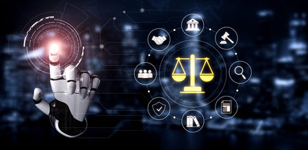 AI supports justice by automating legal research, analyzing case data, ensuring compliance, and enhancing fairness in governance and decision-making. Vouchの写真素材