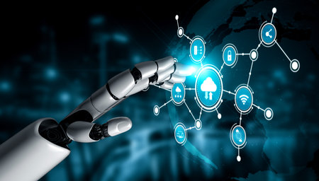 A robotic hand interacts with a digital network, representing the fusion of technology and...