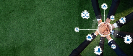 A concept of teamwork featuring diverse hands uniting in the center on a vibrant green background,...