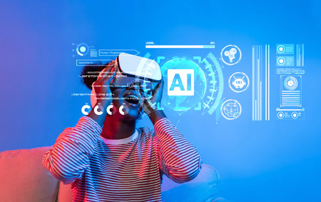 A youthful individual explores virtual reality with a headset, surrounded by innovative artificial...
