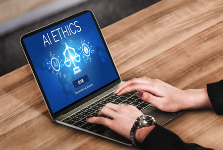 AI ethics responsibility standard law and rules on computer screen provide report of AI ethic...