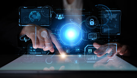 A futuristic command center interface for managing a global technology platform. The dashboard...