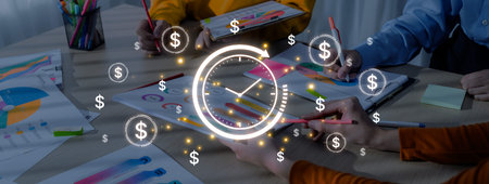 The concept of time is money in business and finance. Represents financial efficiency, investment...