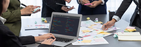 Analyst team use sticky note for creative and analytic brainstorm for business idea with data...