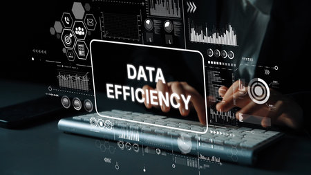 Modern Concept of Data Efficiency with Hands Typing and Digital Graphics Representing Analysis and...