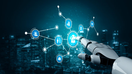 A close-up view of a robotic hand reaching out to interact with floating digital icons, symbolizing...