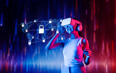 A woman interacts with a virtual reality headset, showcasing digital security concepts through...