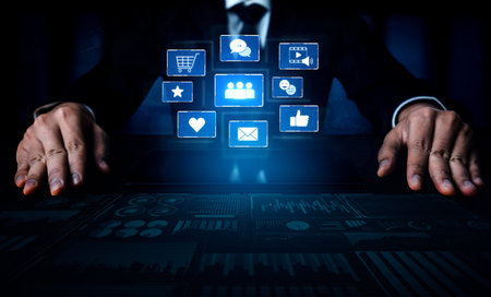 Icons representing social media interaction, communication, and engagement. Social media builds...