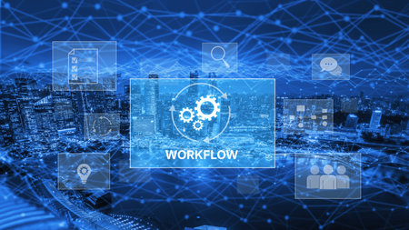 Workflow optimization concept featuring interconnected gears, task management, collaboration,...