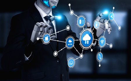 A futuristic robot in a suit showcases cloud technology icons, symbolizing the intersection of...