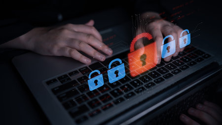 Digital security concept illustrating a cybersecurity breach, with a red unlocked padlock indicating...