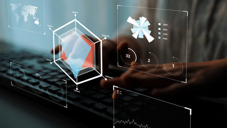 Modern Data Analysis with 3D Graphs and Metrics on Keyboard with Blurred Background Illustrating...
