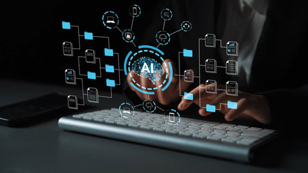 Hands Using Keyboard with Artificial Intelligence Icons and Digital Diagrams Representing Data Processing and Technology in a Dark Environment.の写真素材