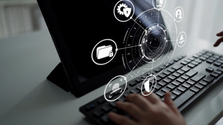 Cyber security protection and cyber security strategies against cyber threats, system hacks, digital breaches, network attacks, and safeguarding data with strong cyber security infrastructure.の写真素材