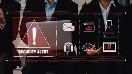 A professional business team collaborates in a modern office, focusing on a cybersecurity alert displayed on a digital dashboard, signaling the importance of data protection. Rasterの写真素材