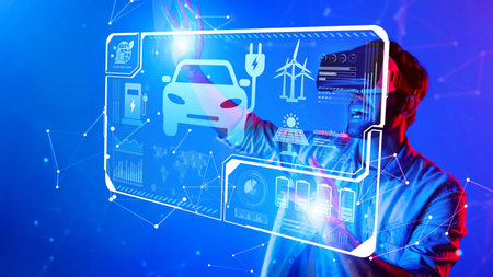 A young man engages with a futuristic digital interface showcasing electric vehicle technology and...