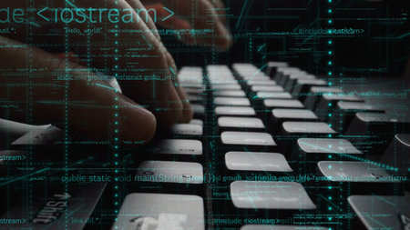 Close-up view of hands actively typing on a keyboard, surrounded by digital code, symbolizing...