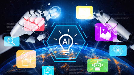 Futuristic Robotic Hands Creating Artificial Intelligence Visuals Over Earth with Data Icons and...