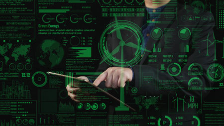 A businessman engages with a tablet showcasing dynamic digital screens filled with green energy...