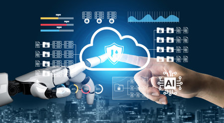 A captivating visual showcasing the interaction between a human hand and a robotic hand, symbolizing...