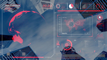 High-tech global network connection interface showing worldwide digital communication, data...