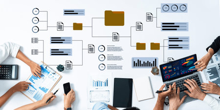 A group of professionals engaging in a collaborative business meeting, analyzing data through charts...